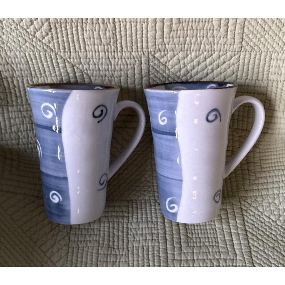 Set Of 2 Hand Painted Blue White Stoneware Latte Coffee Mugs Swirl Pottery Cups